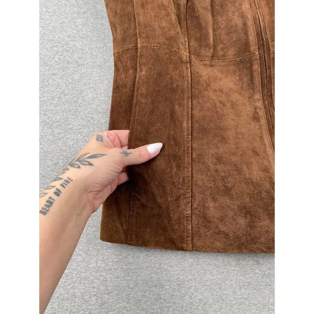 VTG 90s Dennis Basso Leather Vest Womens S Chocolate Brown Full Zip Suede Jacket